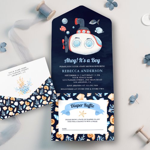 Navy Blue Cute Submarine Nautical Baby Shower All In One Invitation
