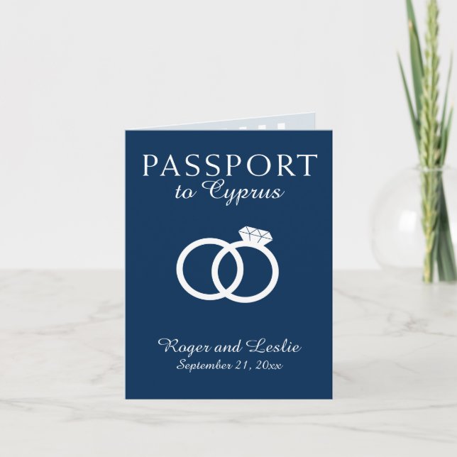 Navy Blue Cyprus Paphos Wedding Rings Passport Inv Invitation (Front)