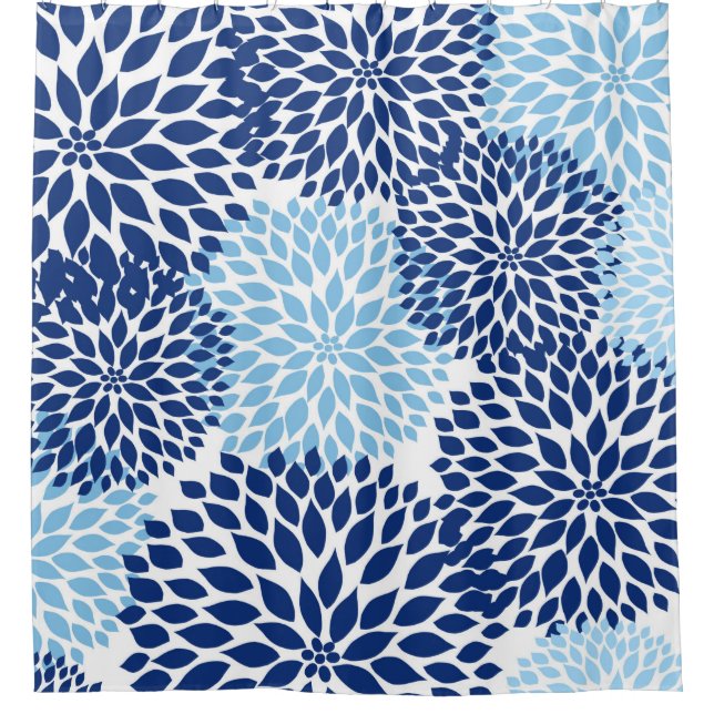 Navy Blue dahlia floral Shower Curtain (Front)