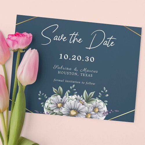 Navy Blue Daisy Floral Wedding Save the Date Invitation