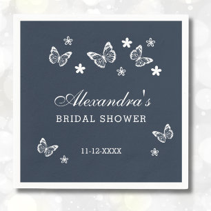 Navy Blue Daisy White Butterfly Bridal Shower Napkins