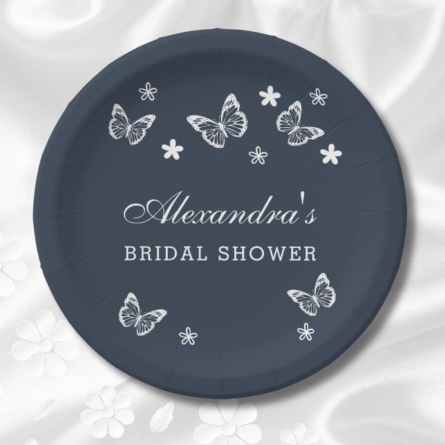 Navy Blue Daisy White Butterfly Bridal Shower Paper Plates (Creator Uploaded)