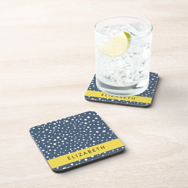 Navy Blue Dalmatian Dots, Spots, Dotted, Your Name Beverage Coaster (Right Side)