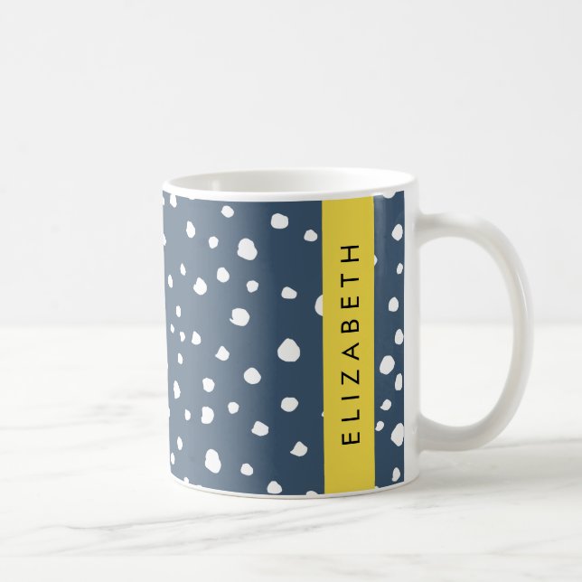 Navy Blue Dalmatian Dots, Spots, Dotted, Your Name Coffee Mug (Right)