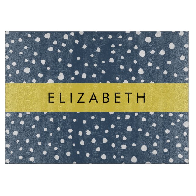 Navy Blue Dalmatian Dots, Spots, Dotted, Your Name Cutting Board (Front)