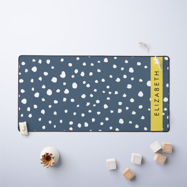 Navy Blue Dalmatian Dots, Spots, Dotted, Your Name Desk Mat (Kids Table)