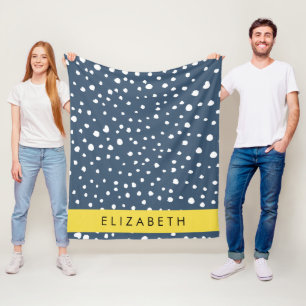 Navy Blue Dalmatian Dots, Spots, Dotted, Your Name Fleece Blanket