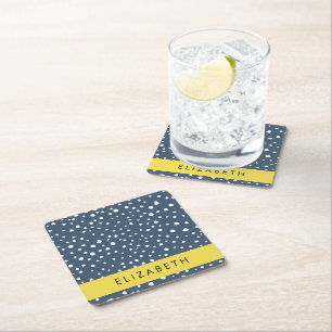 Navy Blue Dalmatian Dots, Spots, Dotted, Your Name Square Paper Coaster