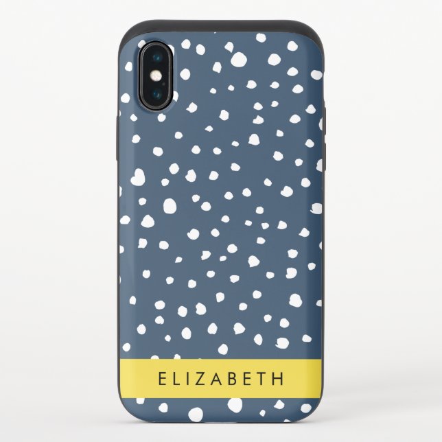 Navy Blue Dalmatian Dots, Spots, Dotted, Your Name Uncommon iPhone Case (Back)