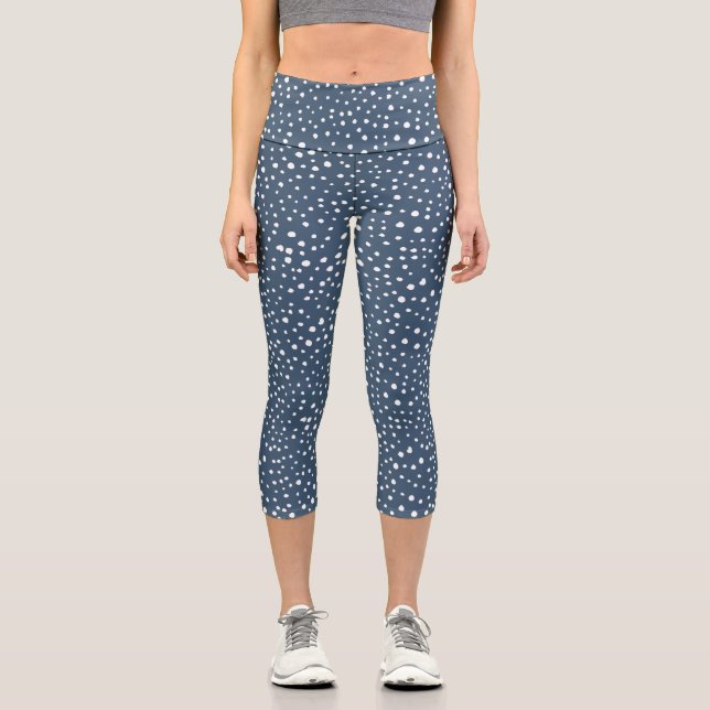 Navy Blue Dalmatian Spots, Dalmatian Dots, Dotted Capri Leggings (Front)