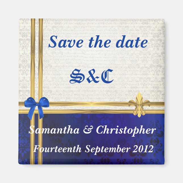 Navy blue damask and gold ribbon save the date magnet (Front)