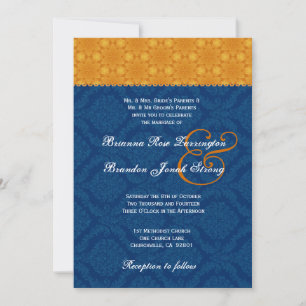 Navy Blue Damask and Gold Stars Wedding S200 Invitation