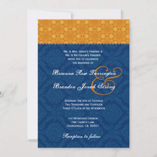 Navy Blue Damask and Gold Stars Wedding S200 Custom Invitation