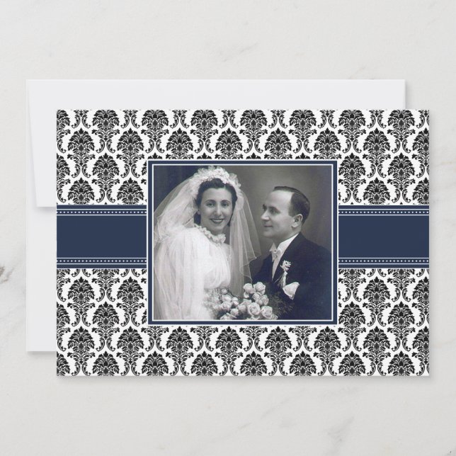 Navy Blue Damask Anniversary Party Invitation (Front)