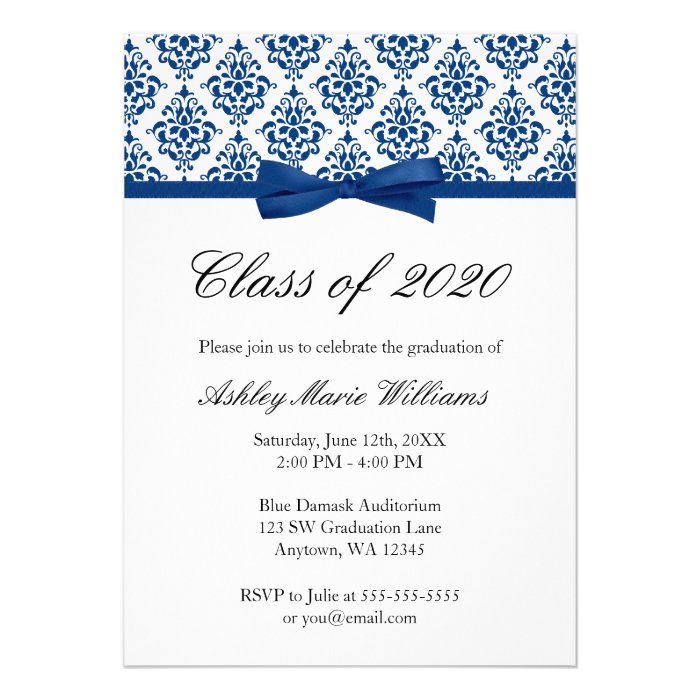 Navy Blue Damask Bow Graduation Announcement