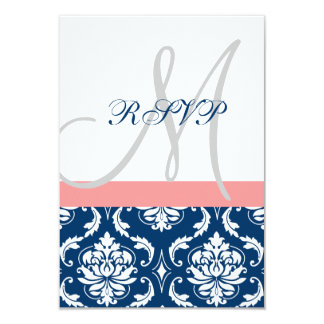 Navy Blue Damask Coral Initial Wedding RSVP Card