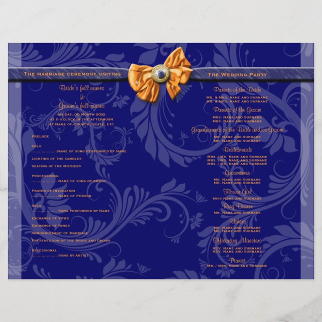 Navy blue damask floral ribbon wedding (Front)