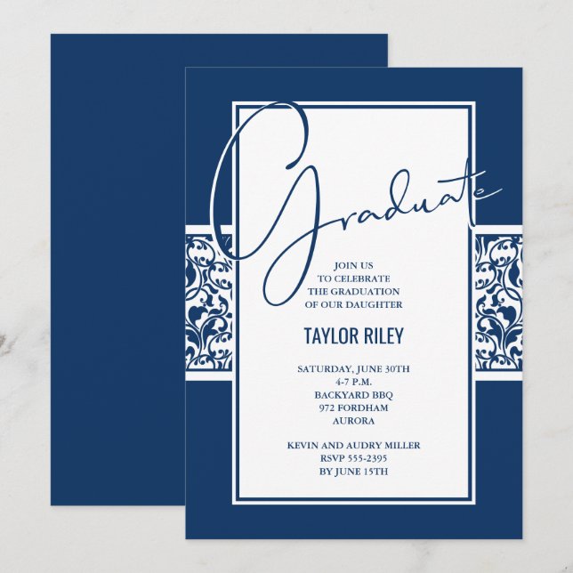 Navy Blue Damask Graduation Party Invitation (Front/Back)