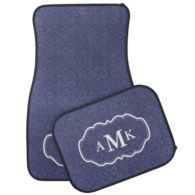 Navy Blue Damask Monogram Car Floor Mat (Set)