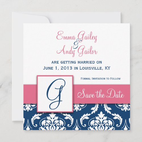Navy Blue Damask Monogram G Save the Date Pink