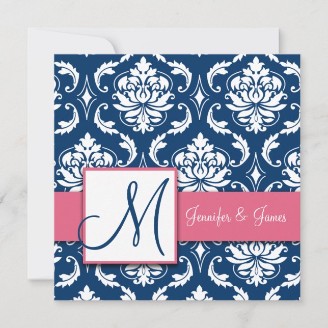 Navy Blue Damask Monogram Invitation Honeysuckle (Front)