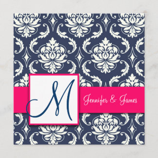 Navy Blue Damask Monogram Invitations Hot Pink