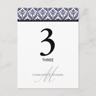 Navy Blue Damask Monogram Table Number Card