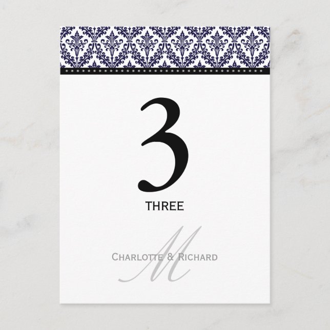 Navy Blue Damask Monogram Table Number Card (Front)