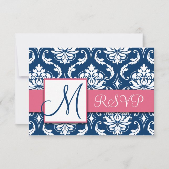 Navy Blue Damask Monogram Wedding RSVP Pink (Front)