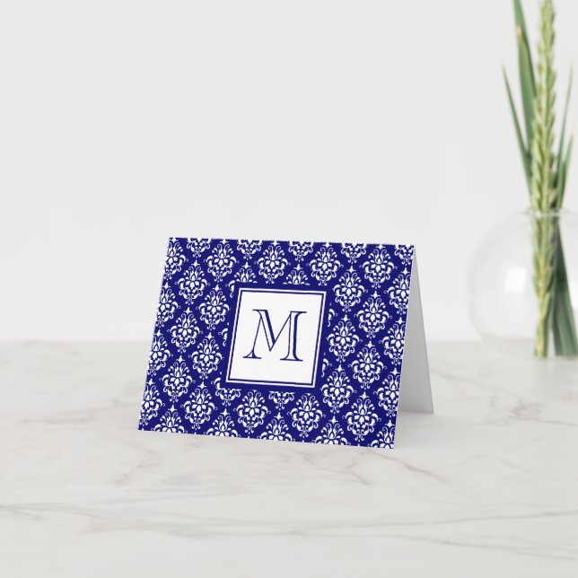 Navy Blue Damask Pattern 1 with Monogram Note Card (Front)
