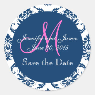 Navy Blue Damask Pink Monogram Save the Date Classic Round Sticker