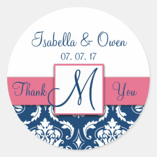 Navy Blue Damask Pink Wedding Thank You Sticker