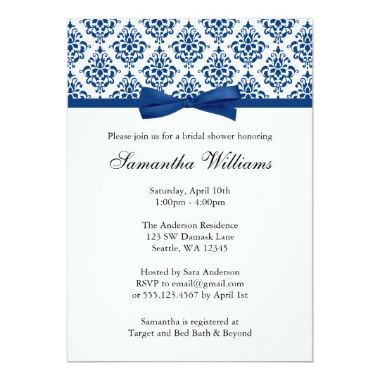 Navy Blue Damask Ribbon Bow Bridal Shower Card Zazzle