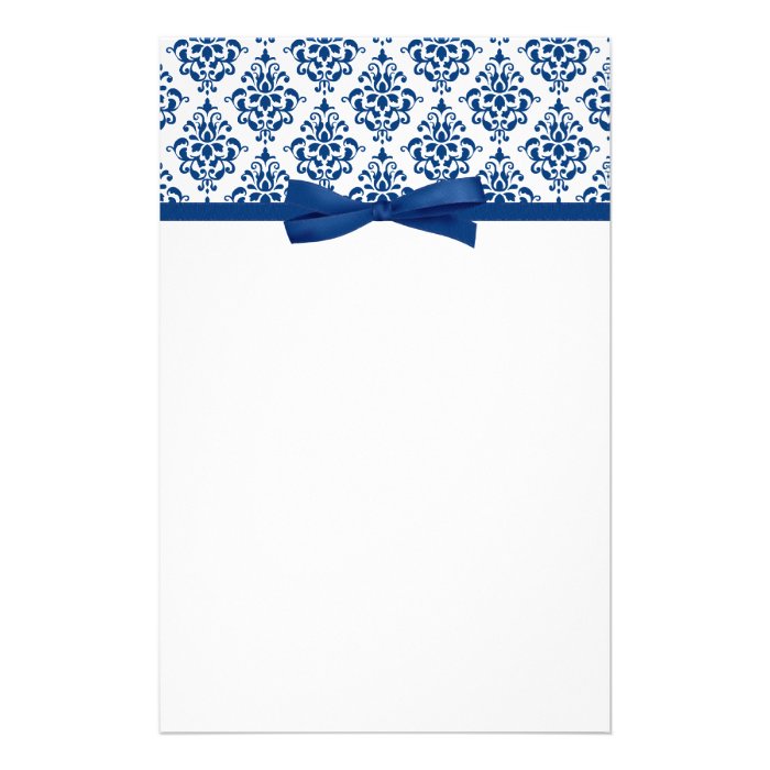 Navy Blue Damask Ribbon Bow Stationery | Zazzle
