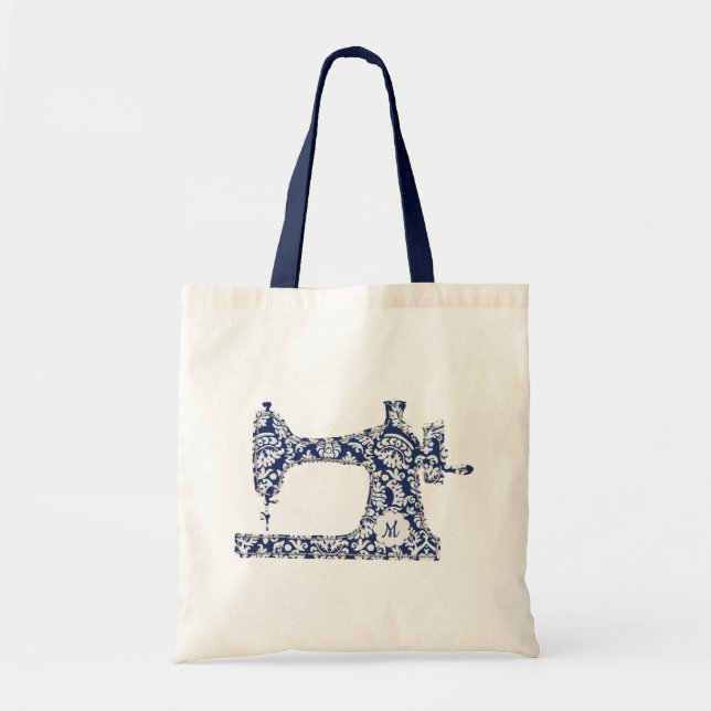 Navy Blue Damask Sewing Machine Monogram Tote Bag (Front)