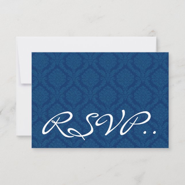 Navy Blue Damask small RSVP Wedding Response Card (Front)