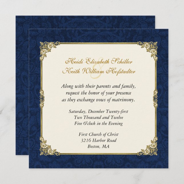 Navy Blue Damask & Vintage Gold Wedding Invitation (Front/Back)