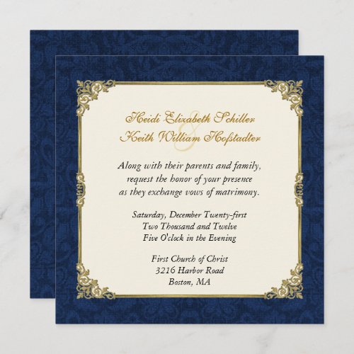 Navy Blue Damask  Vintage Gold Wedding Invitation