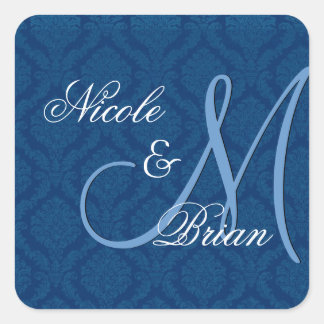 Navy Blue Damask Wedding Bride Groom Monogram Square Sticker