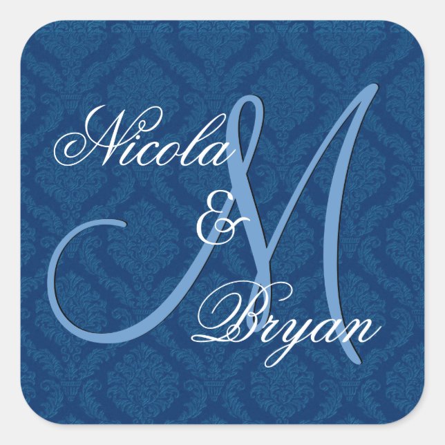 Navy Blue Damask Wedding Bride Groom Monogram V2A Square Sticker (Front)