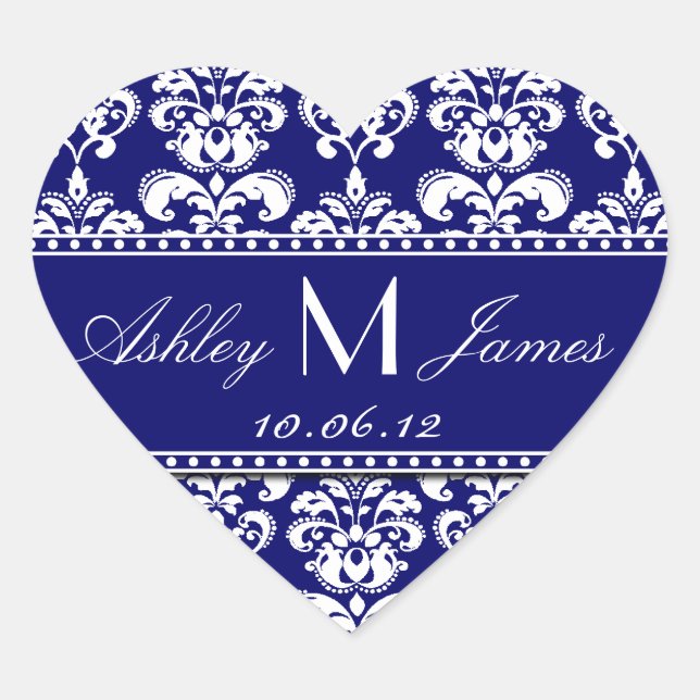 Navy Blue Damask Wedding Favour Sticker (Front)