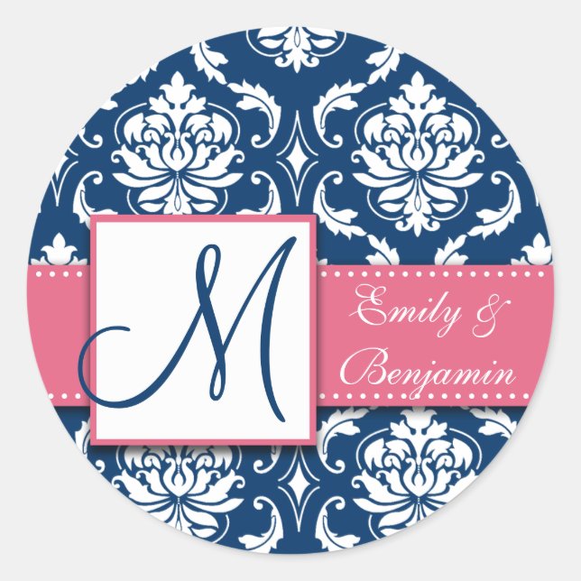Navy Blue Damask Wedding Favour Sticker Pink (Front)