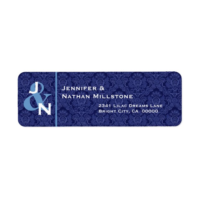 NAVY BLUE Damask Wedding Monogram Label (Front)