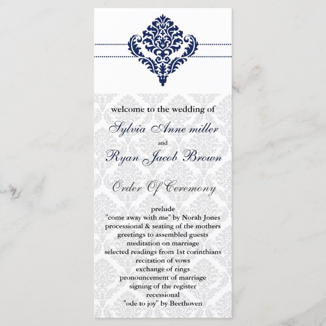 "navy blue" damask Wedding program (Front)
