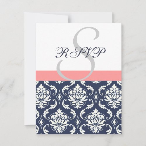 Navy Blue Damask Wedding RSVP Cards Coral