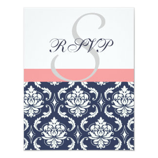 Navy Blue Damask Wedding RSVP Cards Coral