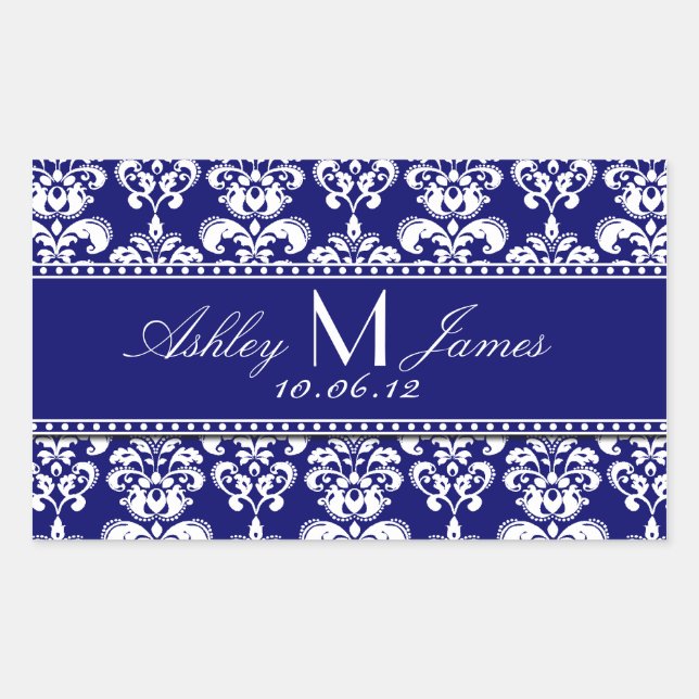 Navy Blue Damask Wedding Wine Label (Front)