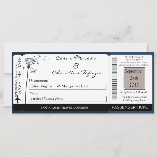 Navy Blue Dandeli Boarding Pass Wedding Invitation (Front)