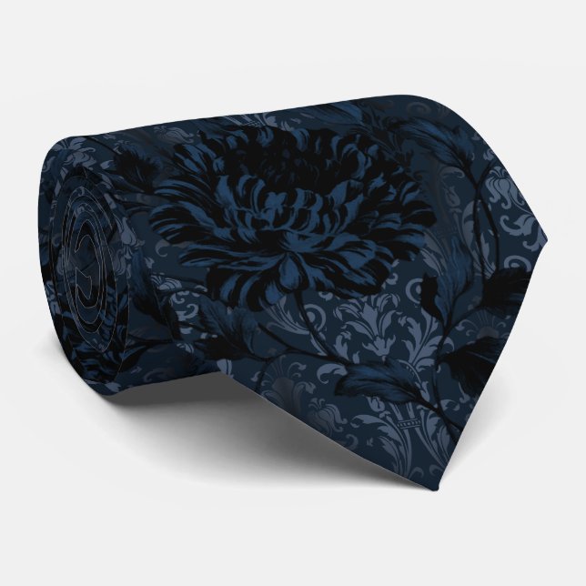 Navy Blue Dark Floral Damask Aristocrat Neck Tie (Rolled)