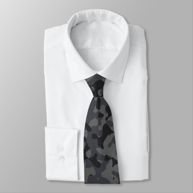 Navy Blue, Dark Gray, and Charcoal Camouflage Neck Tie (Tied)